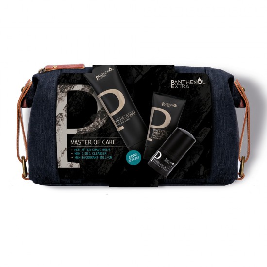 Master of care set in dark blue cosmetic bag for moisturizing, cleansing and revitalizing the body with fresh-feel