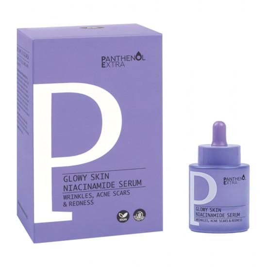 Panthenol Extra Glowy Skin Niacinamide Serum συσκευασία Πανίσχυρος ορός με Νιασιναμίδη 4% και Υαλουρονικό Οξύ