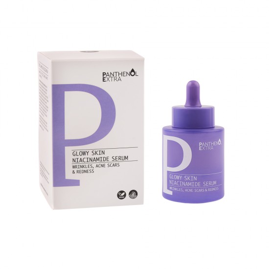 Panthenol Extra Glowy Skin Niacinamide Serum συσκευασία Πανίσχυρος ορός με Νιασιναμίδη 4% και Υαλουρονικό Οξύ